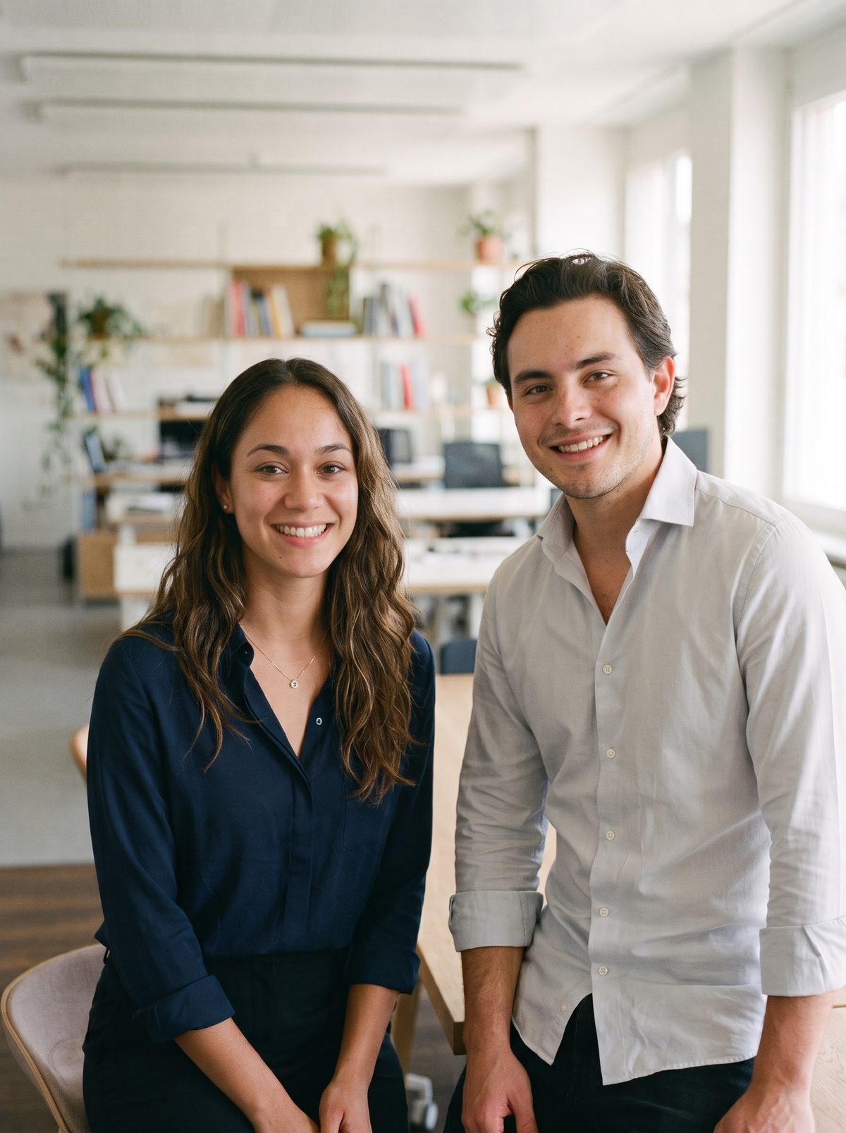 Tamara Neumayr und Mateo Hofmann in einem hellen Büro